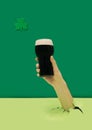 Slainte Irish gaelic for cheers in english minimal party concept. Man hands holding pint of black stout beer pops out from pastel
