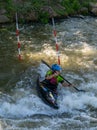 Slalom kayaker training on the Digue de la Pucelle slalom course in the city center of Metz