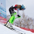Mountain skier skiing down mount slope. Russian Alpine Skiing Championship, slalom