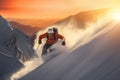 Slalom skier going down the steep risky slope and producing snow splashes Royalty Free Stock Photo