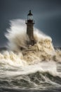 sland Guardianship: Lighthouse Braving the Storm to Safeguard Mariners Amidst the Roaring Seas, ai generative Royalty Free Stock Photo