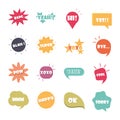 Slang bubbles different words and phrases in multicolor cartoon, bang yes sorry yeah flat icons set