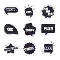 Slang bubbles different words and phrases in multicolor cartoon, bye pls sorry flat icons set