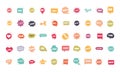 Slang bubbles different words and phrases in multicolor cartoon, hello lol yes omg super thanks flat icons set