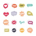 Slang bubbles different words and phrases in multicolor cartoon, love nice super flat icons set