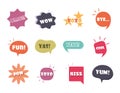 Slang bubbles different words and phrases in multicolor cartoon, omg kiss bye flat icons set