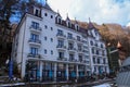 Slanic Moldova, Bacau, Romania - February 21, 2021: Front view of the luxury boutique hotel Coroana Moldovei in Slanic Moldova