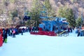 Slanic Moldova, Bacau, Romania - February 21, 2021: Lots of people waiting for the chairlift to the Nemira ski slope in Slanic