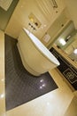 Slanted View of Classic design bathroom with bathtub, marble wall and versace inspired cabinet door