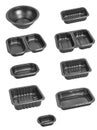 Slanted view different types of black trays isolated on white background - black plastic trays - trays food - rectanguler trays Royalty Free Stock Photo