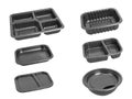 Slanted view different types of black trays isolated on white background - black plastic trays - trays food - rectanguler trays Royalty Free Stock Photo