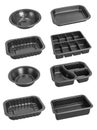 Slanted view different types of black trays isolated on white background - black plastic trays - trays food - rectanguler trays Royalty Free Stock Photo