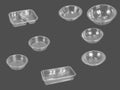 Slanted view different types of transparent trays isolated on grey background - black plastic trays - trays food - rectanguler tra Royalty Free Stock Photo