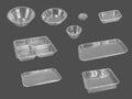 Slanted view different types of transparent trays isolated on grey background - black plastic trays - trays food - rectanguler tra Royalty Free Stock Photo