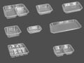 Slanted view different types of transparent trays isolated on grey background - black plastic trays - trays food - rectanguler tra Royalty Free Stock Photo