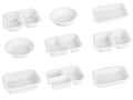 Slanted view different types of white trays isolated on white background - black plastic trays - trays food - rectanguler trays an Royalty Free Stock Photo