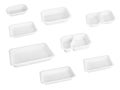 Slanted view different types of white trays isolated on white background - black plastic trays - trays food - rectanguler trays Royalty Free Stock Photo