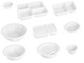 Slanted view different types of white trays isolated on white background -white plastic trays - trays food - rectanguler trays Royalty Free Stock Photo