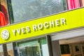 A slanting close up view of the Yves Rocher storefront on the Champs Elysees.