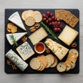 A slate cheese board featuring assorted cheeses including Brie, blue cheese, and goa Royalty Free Stock Photo