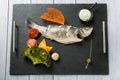Slate plate of baked sea bass with tomatoes, broccoli, olive ans sauce Royalty Free Stock Photo