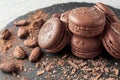 Slate plate with delicious chocolate macarons and cocoa beans, closeup Royalty Free Stock Photo