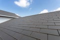 Slate roof against blue sky, Gray tile roof of construction house with blue sky and cloud background