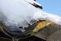 Slate roofs with icicles covered with snow, covered with snow, Royalty Free Stock Photo