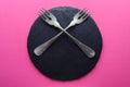 Slate round plate and cutlery top view