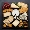 A slate serving board displays an assortment of cheeses and accompaniments. Royalty Free Stock Photo
