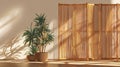 Slatted bamboo room divider casting soft shadows in a minimalist zen space Royalty Free Stock Photo