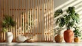 Slatted bamboo room divider casting soft shadows in a minimalist zen space Royalty Free Stock Photo