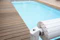 Slatted Swimming Pool cover on home swimming pool Royalty Free Stock Photo