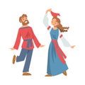 Slav or Slavonian Man and Woman Character in Ethnic Clothing and Straw Shoes Dancing Vector Illustration Royalty Free Stock Photo