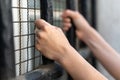 Girl stressed trapped in steel cage.The concept of violence against woman Royalty Free Stock Photo