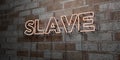 SLAVE - Glowing Neon Sign on stonework wall - 3D rendered royalty free stock illustration