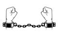 Slave hands with shackles on wrists, handcuffed prisoner, fetter or manacle on fists, debt concept