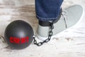 In slavery of credit concept with metal ball on chain and leg
