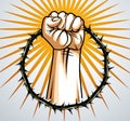 Slavery theme illustration with strong hand clenched fist fighting for freedom against blackthorn thorn, vector logo or tattoo, Royalty Free Stock Photo