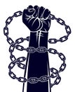 Slavery theme illustration with strong hand clenched fist fighting for freedom against chain, vector logo or tattoo, getting free Royalty Free Stock Photo