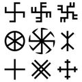 Slavic amulets symbols set. Solar symbols. Swastika. Thunderous sign. Kolovrat and Crosses. Vector illustration