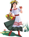 Slavic girl with a basket of fruits. Vector illustration.