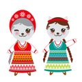 Slavic girl in green red sundress and white shirt with embroidery, hair braided two braids Kawaii cat in national costume. Cartoon