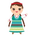 Slavic girl in a green sundress and white shirt with embroidery, hair braided two braids Kawaii child in national costume. Cartoon