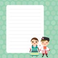 Slavic Kawaii boy and girl in national costume and hat. Cartoon children Card design with Kawaii with mint pastel colors polka dot