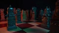 Slavic old styled chess pieces on wooden chessboard before party competition