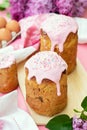 Slavic Orthodox Easter bread Kulich with raisins, nuts and pink icing