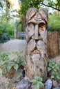 An ancient wooden statue of an idol carved from a solid tree trunk. Public object