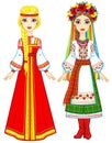 Slavic people. Animation portrait of the Russian and Ukrainian woman in traditional clothes. Eastern Europe. Fairy tale character