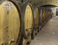 Slavonian oak wine aging casks in the wine cellar of the Capanna Farm, situated to the north of Montalcino.